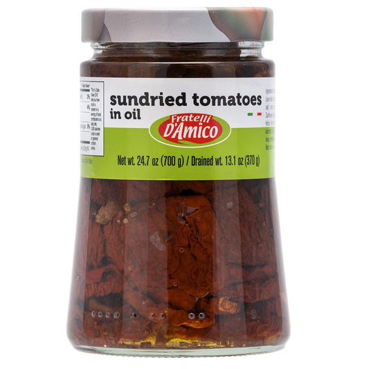 A jar of Fratelli D'Amico sundried tomatoes in oil, family size, with a net weight of 24.7oz (700g).