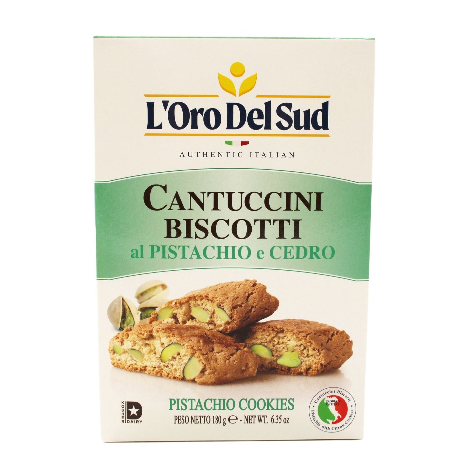 Packaging of L'Oro Del Sud Cantuccini Biscotti with Pistachio, displaying the product and its name.
