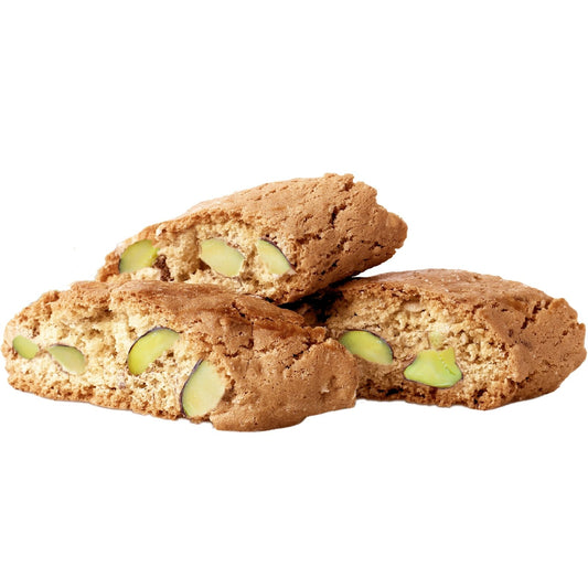 L’Oro Del Sud Cantuccini Biscotti with pistachio and citron, featuring golden Italian cookies with visible pistachio pieces, labeled as authentic Italian pistachio cookies, 6.35 oz.
