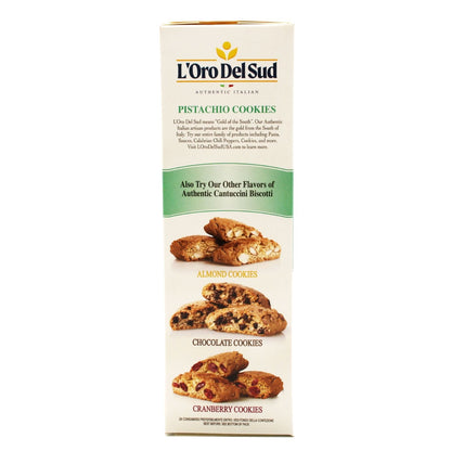 L’Oro Del Sud Cantuccini Biscotti with pistachio and citron, featuring golden Italian cookies with visible pistachio pieces, labeled as authentic Italian pistachio cookies, 6.35 oz.