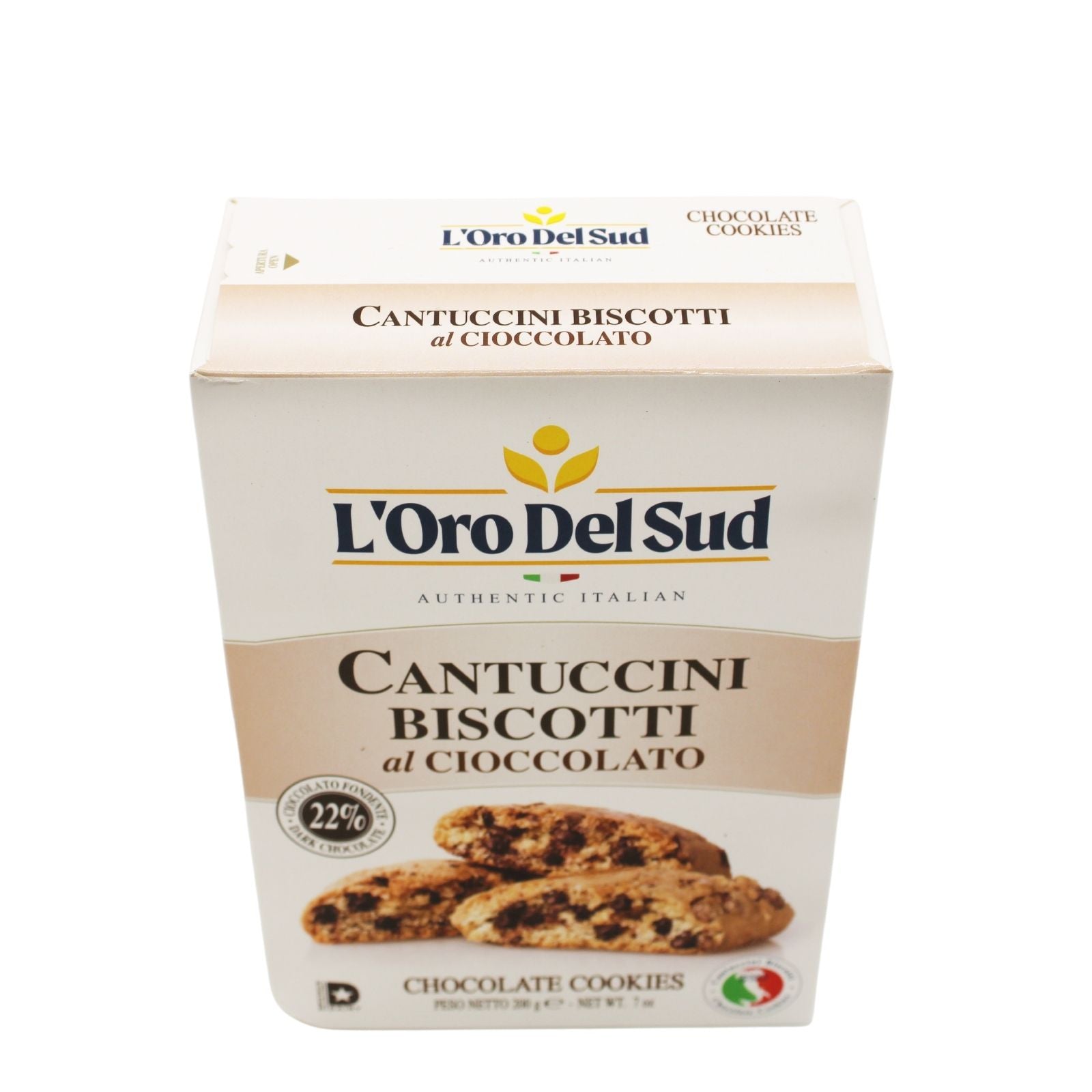 L'Oro Del Sud Cantuccini Biscotti with chocolate, authentic Italian almond cookies made with 22% dark chocolate, 200g (7 oz) package, featuring a beige box with cookie images on the front.