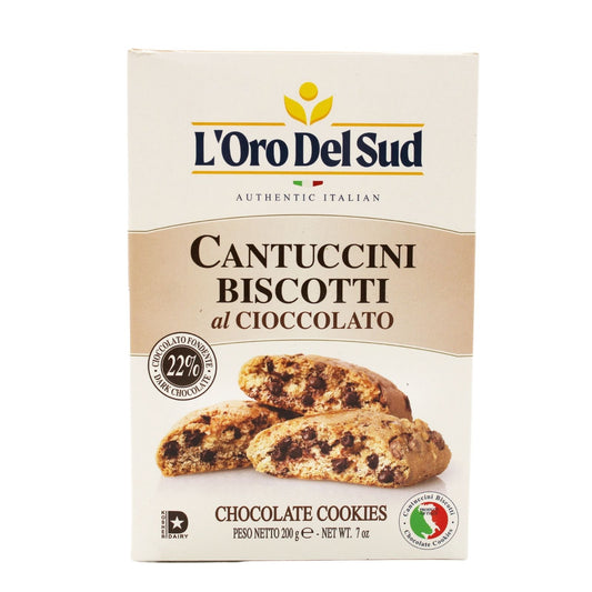 Box of L'Oro Del Sud Cantuccini Biscotti with chocolate, authentic Italian almond cookies made with 22% dark chocolate, 200g (7 oz) package, featuring a beige box with cookie images on the front.