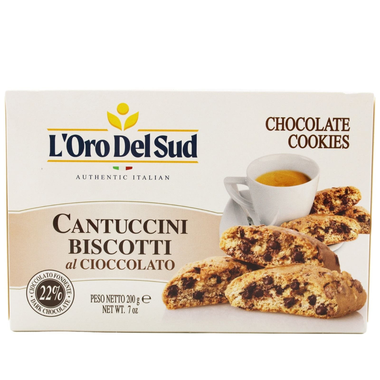 L'Oro Del Sud Cantuccini Biscotti with chocolate, authentic Italian almond cookies made with 22% dark chocolate, 200g (7 oz) package, featuring a beige box with cookie images on the front.