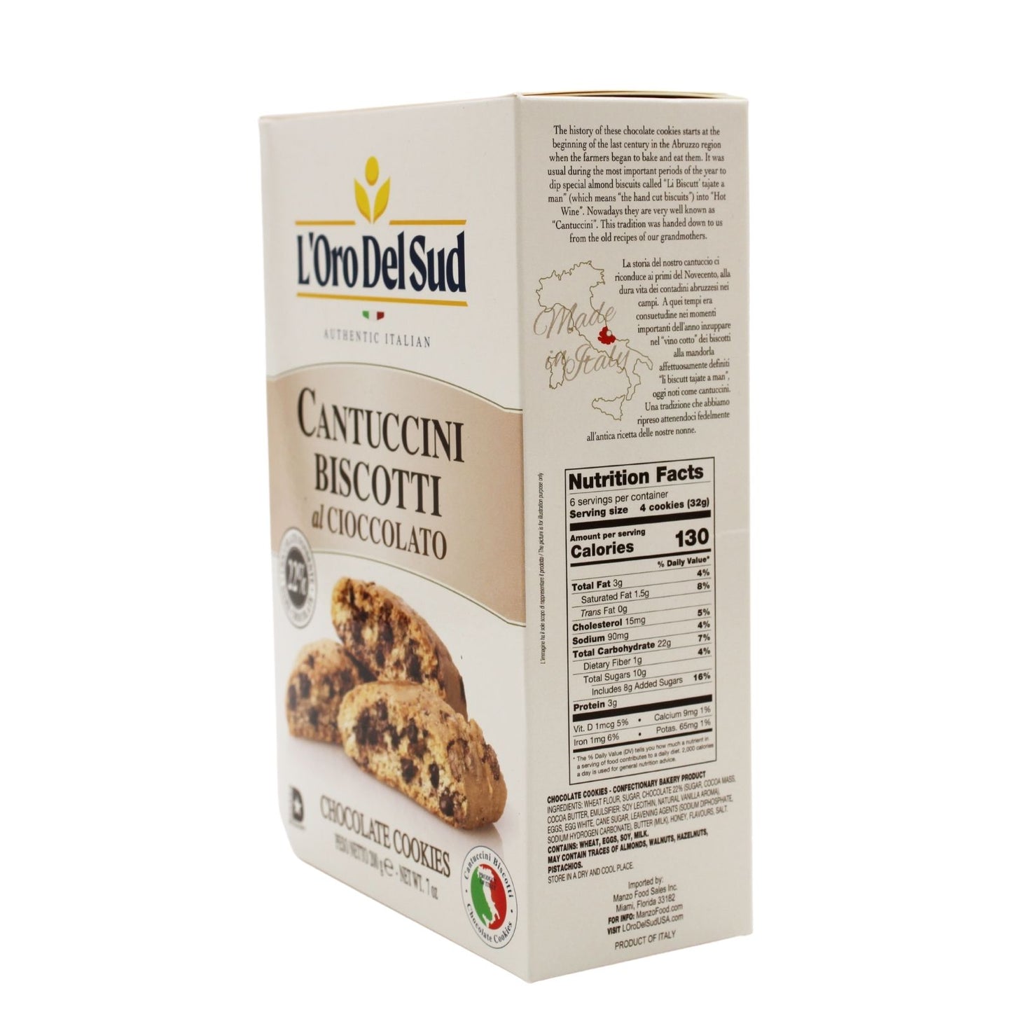 L'Oro Del Sud Cantuccini Biscotti with chocolate, authentic Italian almond cookies made with 22% dark chocolate, 200g (7 oz) package, featuring a beige box with cookie images on the front.