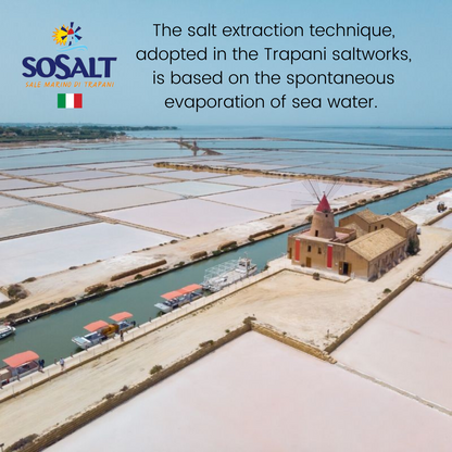 Trapani is known as the “City of Salt and Sail”.  Deep flavored Sea Salt from the rich Mediterranean Sea of Trapani, Sicily. Non-iodized salt has the perfect amount of brininess, balanced with the flavor of minerals naturally imparted from the Mediterranean.