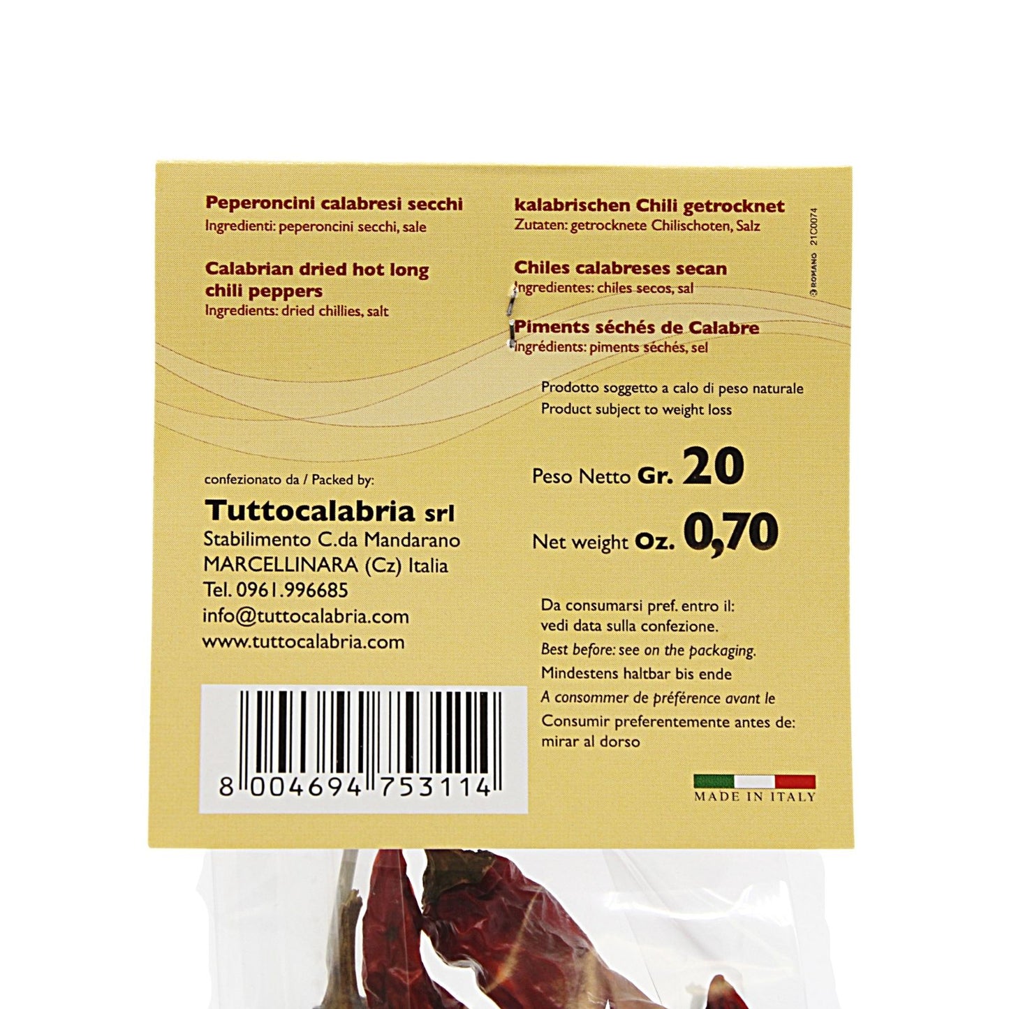TuttoCalabria Dried Whole Calabrian Chili Peppers