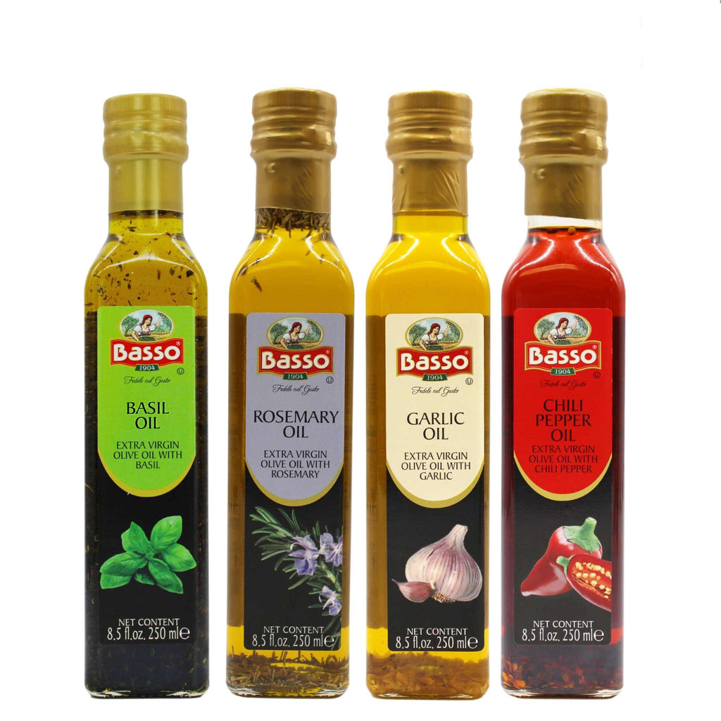 Basso Infused Extra Virgin Olive Oil Gift Set: Garlic | Chili Pepper | Rosemary | Basil | 4 bottles x 8.5 fl.oz (250ml)