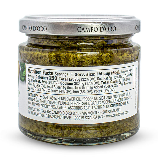 Campo D'Oro Basil Pesto with Pecorino, 6.35 oz (180gr)