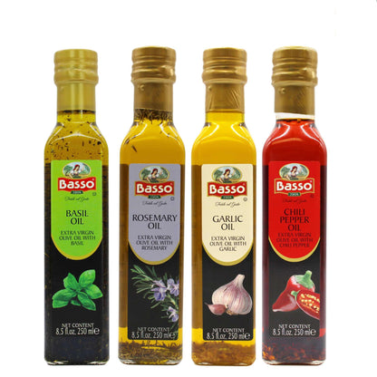 Basso Flavored Olive Oils – Basil, Rosemary, Garlic, and Chili Pepper, 250ml bottles of extra virgin olive oil infused with natural flavors.