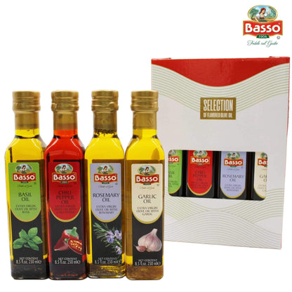 Basso Selection of Flavored Extra Virgin Olive Oils – Basil, Chili Pepper, Rosemary, and Garlic, 250ml bottles, premium Italian gift set.